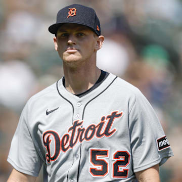 Aug 13, 2025; Chicago, Illinois, USA; Detroit Tigers starting pitcher Troy Melton (52) walks back to the dugout after the fifth inning at Rate Field. 