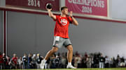 Ohio State Buckeyes quarterback Will Howard throws during the pro day for NFL scouts at the Woody Hayes Athletic Cente on March 26, 2025.