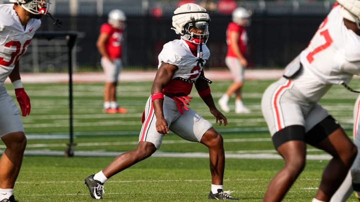 Aug 8, 2024; Columbus, Ohio, USA; Ohio State Buckeyes safety Caleb Downs (2) lines up during football practice at the Woody Hayes Athletic Complex.