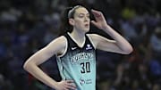 May 22, 2025; Chicago, Illinois, USA; New York Liberty forward Breanna Stewart (30) looks on during the first half at Wintrust Arena. Mandatory Credit: Kamil Krzaczynski-Imagn Images