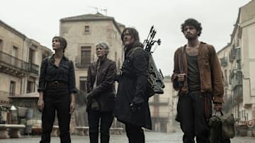 Candela Saitta as Justina, Melissa McBride as Carol Peletier, Norman Reedus as Daryl Dixon, Hugo Arbués as Roberto - The Walking Dead: Daryl Dixon _ Season 3 - Photo Credit: Manuel Fernandez-Valdes/AMC