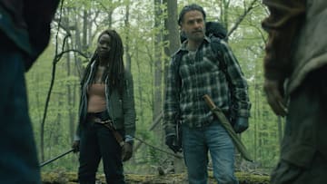 Danai Gurira as Michonne and Andrew Lincoln as Rick Grimes in The Walking Dead: The Ones Who Live season 1