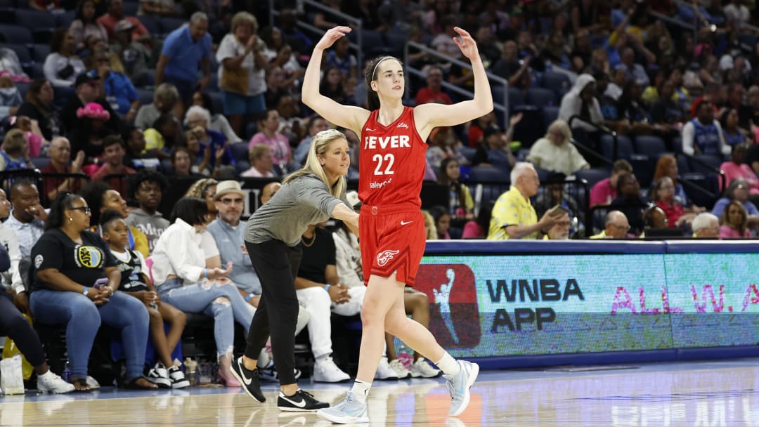 Indiana Fever guard Caitlin Clark  reacts as she walks off the floor during the second half of a basketball game against the Chicago Sky at Wintrust Arena.