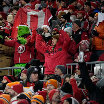 Fans watch during the first half of the College Football Playoff first round game between the Ohio State Buckeyes and the Tennessee Volunteers.