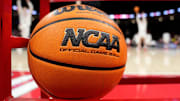 A Wilson NCAA basketball sits in the rack as the Ohio State Buckeyes and Cornell Big Red warm up prior to the NIT basketball game at Value City Arena.