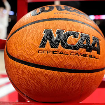 A Wilson NCAA basketball sits in the rack as the Ohio State Buckeyes and Cornell Big Red warm up prior to the NIT basketball game at Value City Arena.