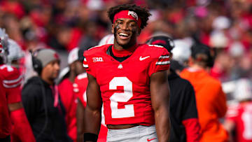 Ohio State Buckeyes safety Caleb Downs (2) smiles during the second half at Ohio Stadium on Saturday, Nov. 9, 2024 in Columbus, Ohio.