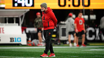 Ohio State Buckeyes defensive coordinator Jim Knowles watches practice for the College Football Playoff against the Notre Dame Fighting Irish at the Mercedes-Benz Stadium in Atlanta on Jan. 18, 2025.