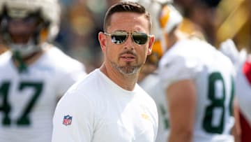 Green Bay Packers head coach Matt LaFleur looks at the sidelines during training camp.