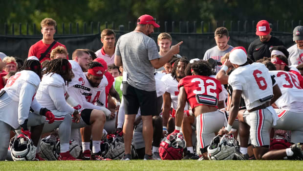 Ryan Day addresses the 2024 Ohio State football team at practice