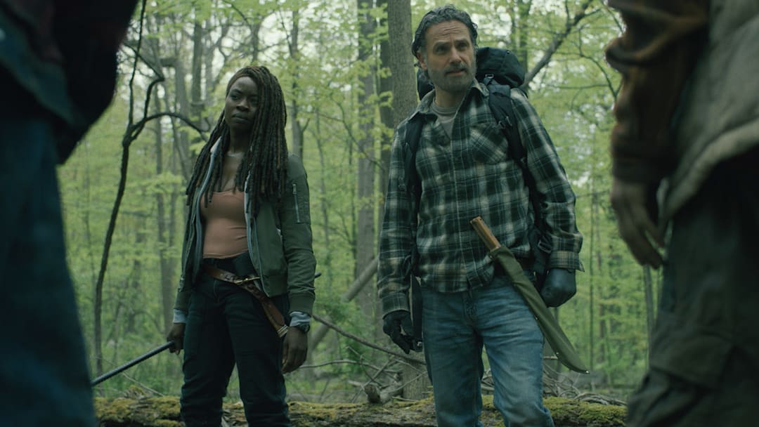 Danai Gurira as Michonne and Andrew Lincoln as Rick Grimes in The Walking Dead: The Ones Who Live season 1