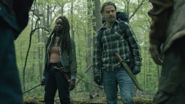 Danai Gurira as Michonne and Andrew Lincoln as Rick Grimes in The Walking Dead: The Ones Who Live season 1
