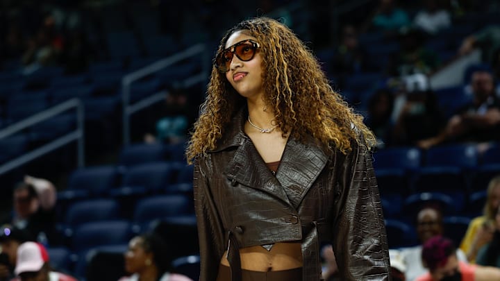 Sep 11, 2025; Chicago, Illinois, USA; Injured Chicago Sky forward Angel Reese (5) stands on the sidelines before a WNBA game against the New York Liberty at Wintrust Arena. Mandatory Credit: Kamil Krzaczynski-Imagn Images
