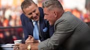 Pat McAfee, right, talks to Kirk Herbstreit on the set of ESPN College GameDay prior to the NCAA football game between the Ohio State Buckeyes and the Texas Longhorns at Ohio Stadium on Aug. 30, 2025.