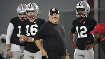 Mar 5, 2024; Columbus, OH, USA; Ohio State Buckeyes offensive coordinator Chip Kelly works with quarterbacks during the first spring practice at the Woody Hayes Athletic Center.