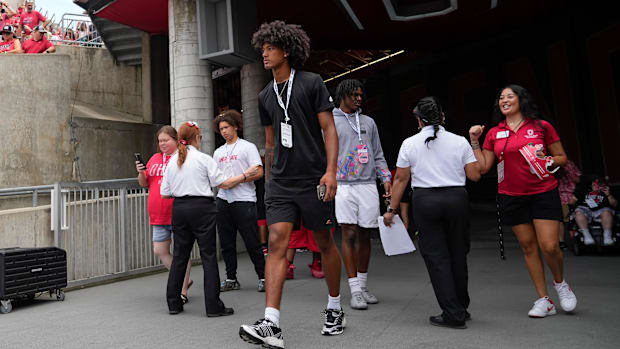 Aug 31, 2024; Columbus, OH, USA; Ohio State Buckeyes wide receiver recruit Chris Henry Jr. walks out on the field prior to th