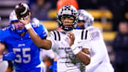 Pickerington North's Jarin Mock (8) makes a pass in the first half of the Division I regional final game at Historic Crew Stadium on Friday, Nov. 22, 2024 in Columbus, Ohio.