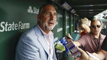 Jul 4, 2025; Chicago, Illinois, USA; St. Louis Cardinals president of baseball operations John Mozeliak speaks before a baseball game against the Chicago Cubs at Wrigley Field. Mandatory Credit: Kamil Krzaczynski-Imagn Images