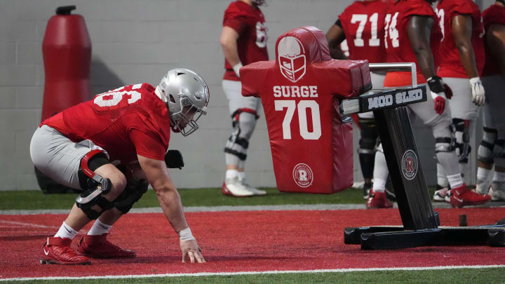 Mar 5, 2024; Columbus, OH, USA; Ohio State Buckeyes offensive lineman Seth McLaughlin (56) lines up during the first spring practice at the Woody Hayes Athletic Center.