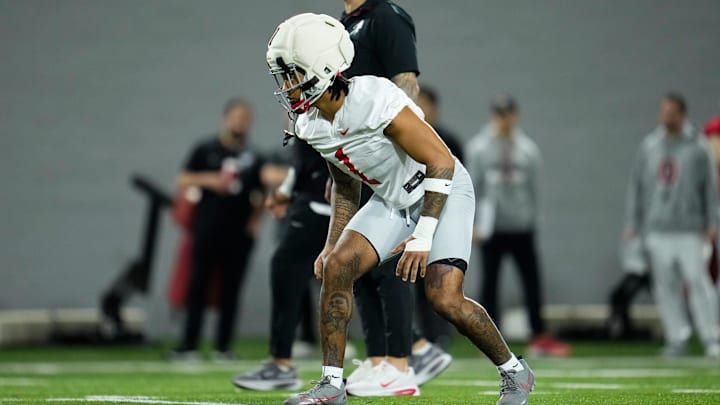 Ohio State Buckeyes cornerback Earl Little Jr. (1) lines up during the first day of spring workouts for the 2026 football season at Woody Hayes Athletic Complex in Columbus on March 10, 2026.