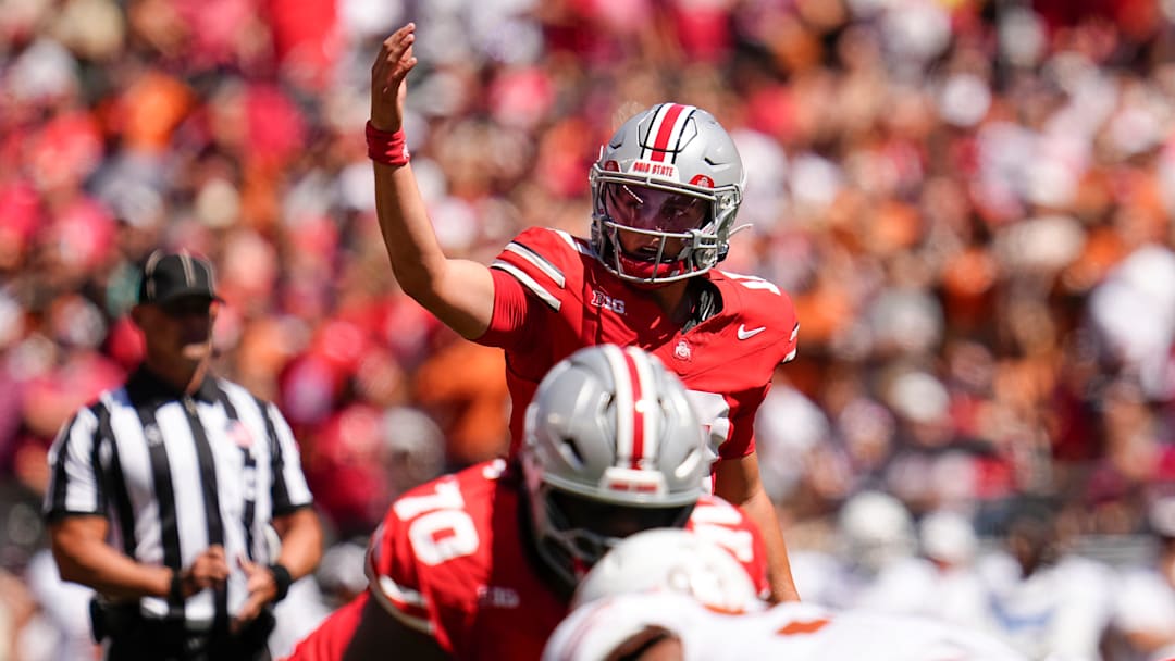 Ohio State Buckeyes quarterback Julian Sayin (10) lines up during the first half of the NCAA football game at at Ohio Stadium on Aug. 30, 2025.