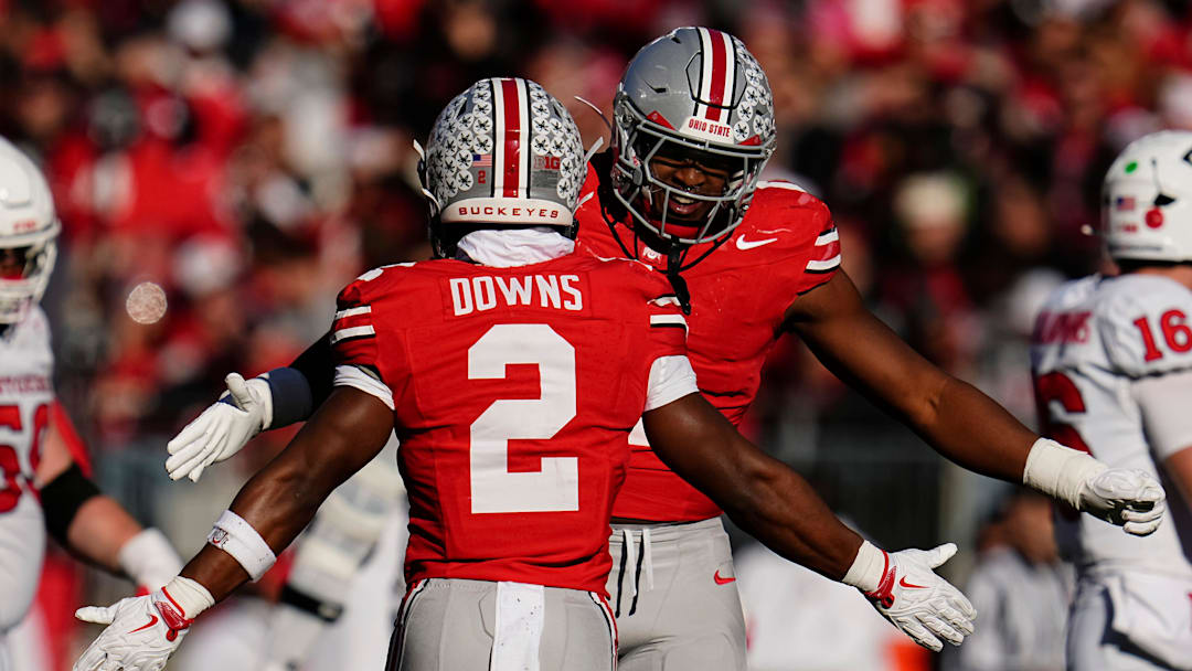 Ohio State Buckeyes linebacker Sonny Styles (0) celebrates a sack by linebacker Sonny Styles (0) during the NCAA football game against the Rutgers Scarlet Knights at Ohio Stadium in Columbus on Nov. 22, 2025. Ohio State won 42-9.