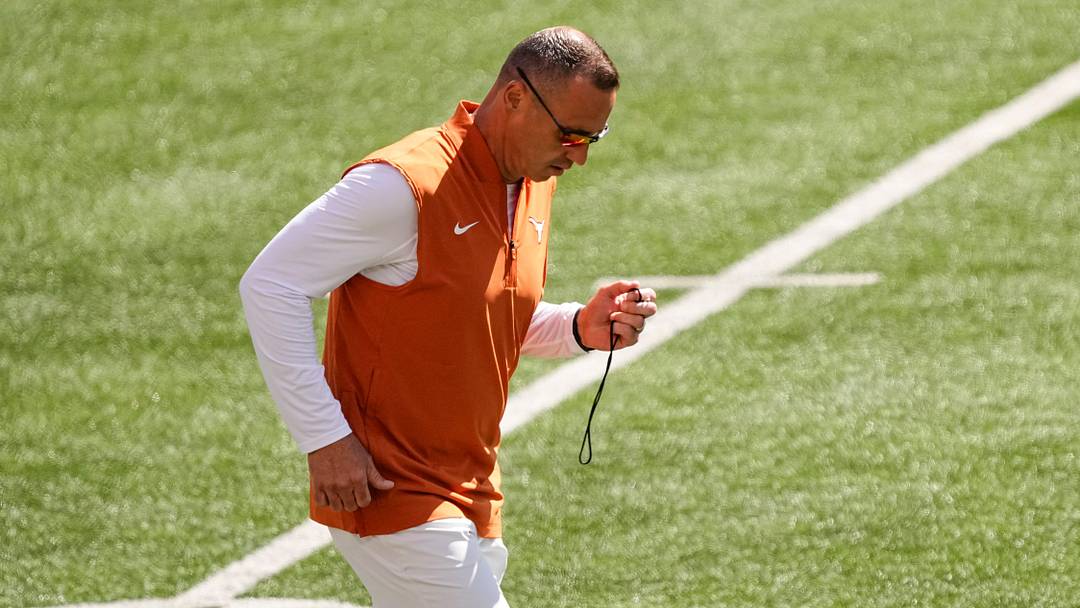 Texas Longhorns head coach Steve Sarkisian runs across the field during warm-ups prior to the NCAA football game against the Ohio State Buckeyes at Ohio Stadium on Aug. 30, 2025.