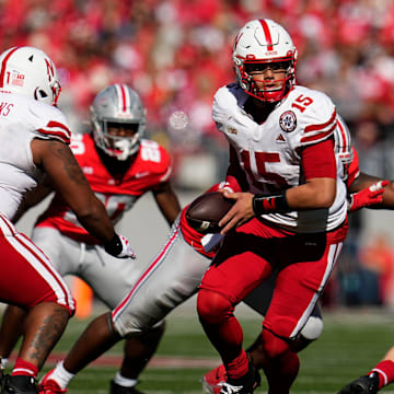 Nebraska Cornhuskers quarterback Dylan Raiola (15) looks to hand off during the second half of the NCAA football game against the Nebraska Cornhuskers at Ohio Stadium in Columbus on Saturday, Oct. 26, 2024. Ohio State won 21-17.