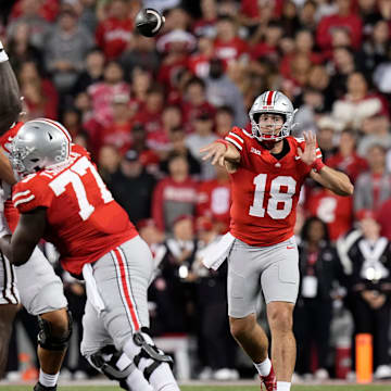 Sep 7, 2024; Columbus, Ohio, USA; Ohio State Buckeyes quarterback Will Howard (18) throws a pass during the first half of the NCAA football game against the Western Michigan Broncos at Ohio Stadium.