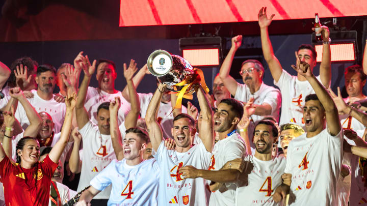 Spanish football team celebrates in Madrid after Spain wins Euro 2024 against England