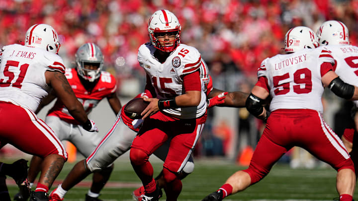Nebraska Cornhuskers quarterback Dylan Raiola (15) looks to hand off during the second half of the NCAA football game against the Nebraska Cornhuskers at Ohio Stadium in Columbus on Saturday, Oct. 26, 2024. Ohio State won 21-17. Nebraska Cornhuskers quarterback Dylan Raiola (15) looks to hand off during the second half of the NCAA football game against the Nebraska Cornhuskers at Ohio Stadium in Columbus on Saturday, Oct. 26, 2024. Ohio State won 21-17.