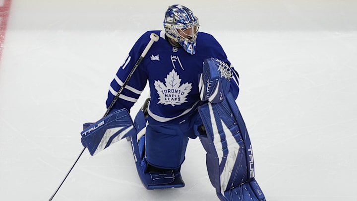 May 18, 2025; Toronto, Ontario, CAN; Toronto Maple Leafs goaltender Anthony Stolarz (41) during warm up before game seven of the second round of the 2025 Stanley Cup Playoffs against the Florida Panthers at Scotiabank Arena. Mandatory Credit: John E. Sokolowski-Imagn Images