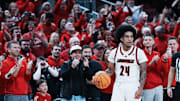 Louisville guard Chucky Hepburn (24) was applauded by the fans as he dribbled out the game against Pittsburgh at the KFC Yum! Center in Louisville, Ky. on Mar. 1, 2025. Louisville won 79-68.