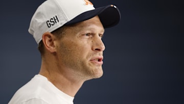 Jul 24, 2025; Lake Forest, IL, USA; Chicago Bears head coach Ben Johnson speaks during training camp at Halas Hall. Mandatory Credit: Kamil Krzaczynski-Imagn Images
