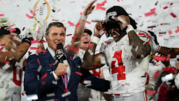 Ohio State Buckeyes wide receiver Jeremiah Smith (4) is named the game's offensive MVP following the 41-21 win over the Oregon Ducks in the College Football Playoff quarterfinal at the Rose Bowl in Pasadena, Calif. on Jan. 1, 2025.