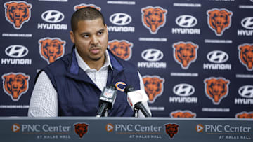 Mar 16, 2023; Lake Forest, IL, USA; Chicago Bears general manager Ryan Poles speaks during a press conference at Halas Hall. Mandatory Credit: Kamil Krzaczynski-Imagn Images