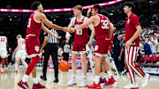 Indiana Hoosiers guard Anthony Leal (3) high-fives his teammates in the first half at Value City Arena on Friday, Jan. 17, 2025 in Columbus, Ohio.