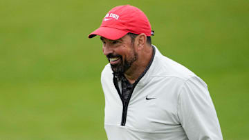 Ohio State football head coach Ryan Day reacts after his putt on 18 during the Workday Golden Bear Pro-Am at Muirfield Village Golf Club in Dublin, Ohio, on May 28, 2025.