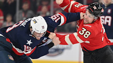 Brandon Hagel fighting Matthew Tkachuk in the NHL 4 Nations Face-Off round robin game between the United States and Canada