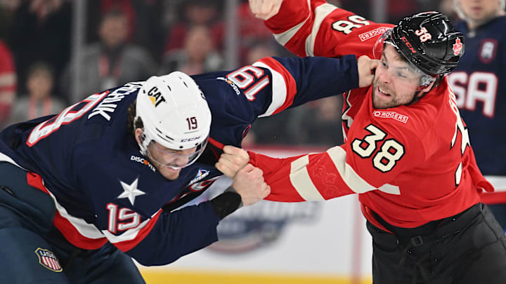 Brandon Hagel fighting Matthew Tkachuk in the NHL 4 Nations Face-Off round robin game between the United States and Canada