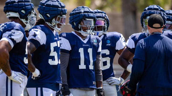 Jul 31, 2023; Oxnard, CA, USA; Dallas Cowboys linebacker Micah Parsons (11) during training camp at the Marriott Residence Inn-River Ridge playing fields. 