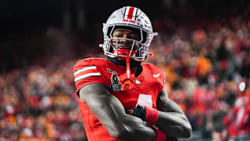 Ohio State freshman Jeremiah Smith reacts after scoring a touchdown. 