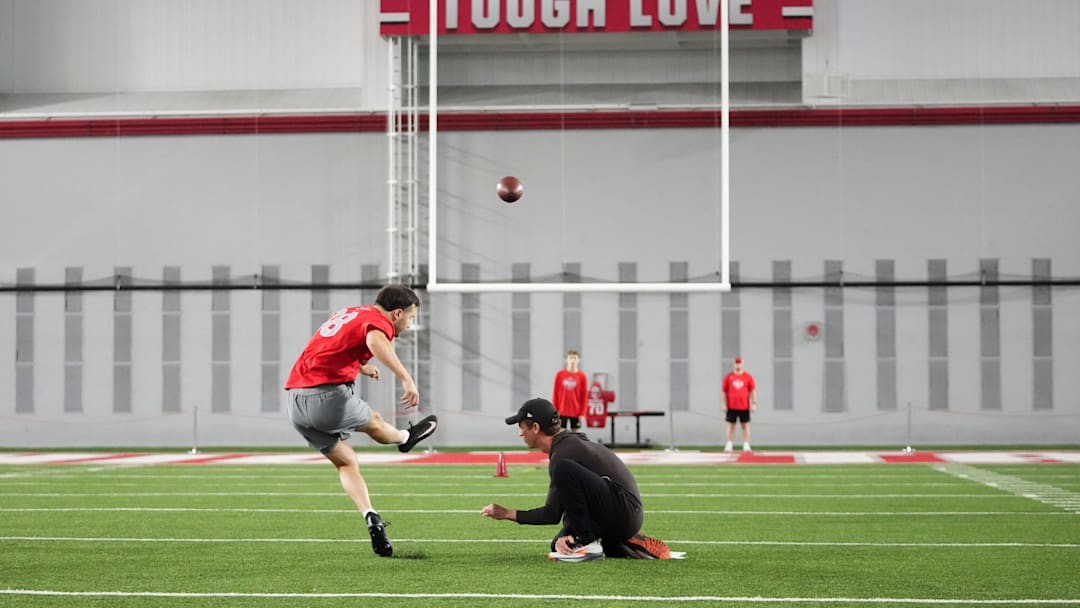Ohio State Buckeyes kicker Jayden Fielding kicks field goals during Pro Day for NFL scouts at the Woody Hayes Athletics Center on March 25, 2026.