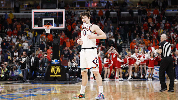 Mar 13, 2026; Chicago, IL, USA; Illinois Fighting Illini forward David Mirkovic (0) reacts at the end of the game against the Wisconsin Badgers at United Center. Mandatory Credit: Kamil Krzaczynski-Imagn Images