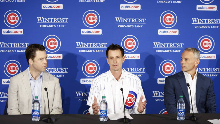 Nov 13, 2023; Chicago, Illinois, USA; Craig Counsell (C) speaks as he is introduced as a new Chicago