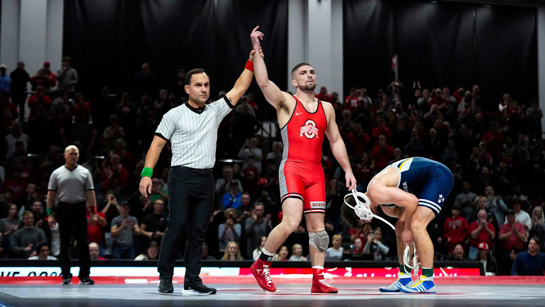 Ohio State Buckeye Sammy Sasso wins his match against the University of Tennessee at Chattanooga’s Jackson Hurst at Covelli Center on Thursday, Nov. 14, 2024, in Columbus, Ohio.