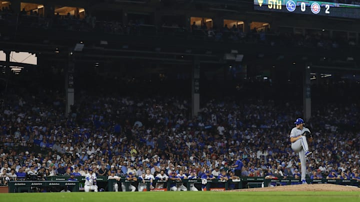 Kansas City Royals starting pitcher Rich Hill delivers a pitch against the Chicago Cubs. Kansas City Royals starting pitcher Rich Hill delivers a pitch against the Chicago Cubs.