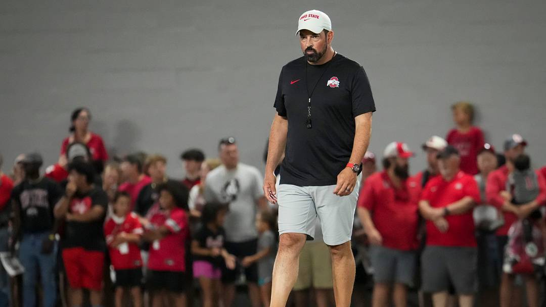 Ohio State Buckeyes head coach Ryan Day watches during football training camp inside the Woody Hayes Athletic Center in Columbus on Aug. 7, 2026. Ohio State Buckeyes head coach Ryan Day watches during football training camp inside the Woody Hayes Athletic Center in Columbus on Aug. 7, 2026.