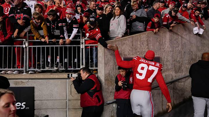 Ohio State Buckeyes defensive end Kenyatta Jackson Jr. (97) leaves the field following the NCAA football game against the UCLA Bruins at Ohio Stadium in Columbus on Nov. 15, 2025. Ohio State won 48-10.