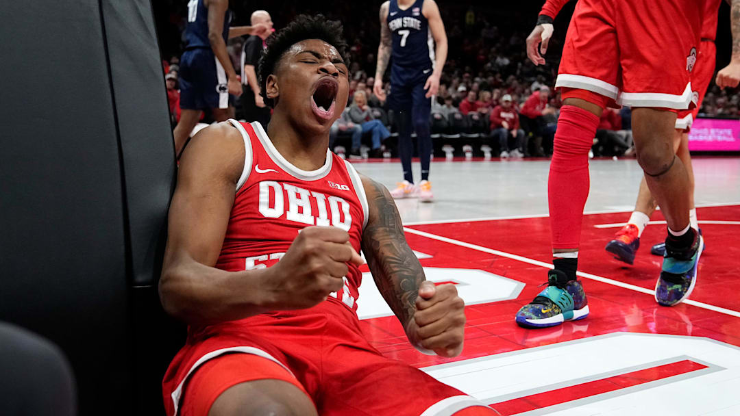 Ohio State Buckeyes forward Amare Bynum (1) celebrates a made shot and a foul during the first half of the NCAA men's basketball game against the Penn State Nittany Lions at the Schottenstein Center in Columbus on Jan. 26, 2026.